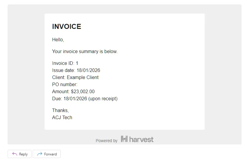 Harvest invoice email, as seen by your clients