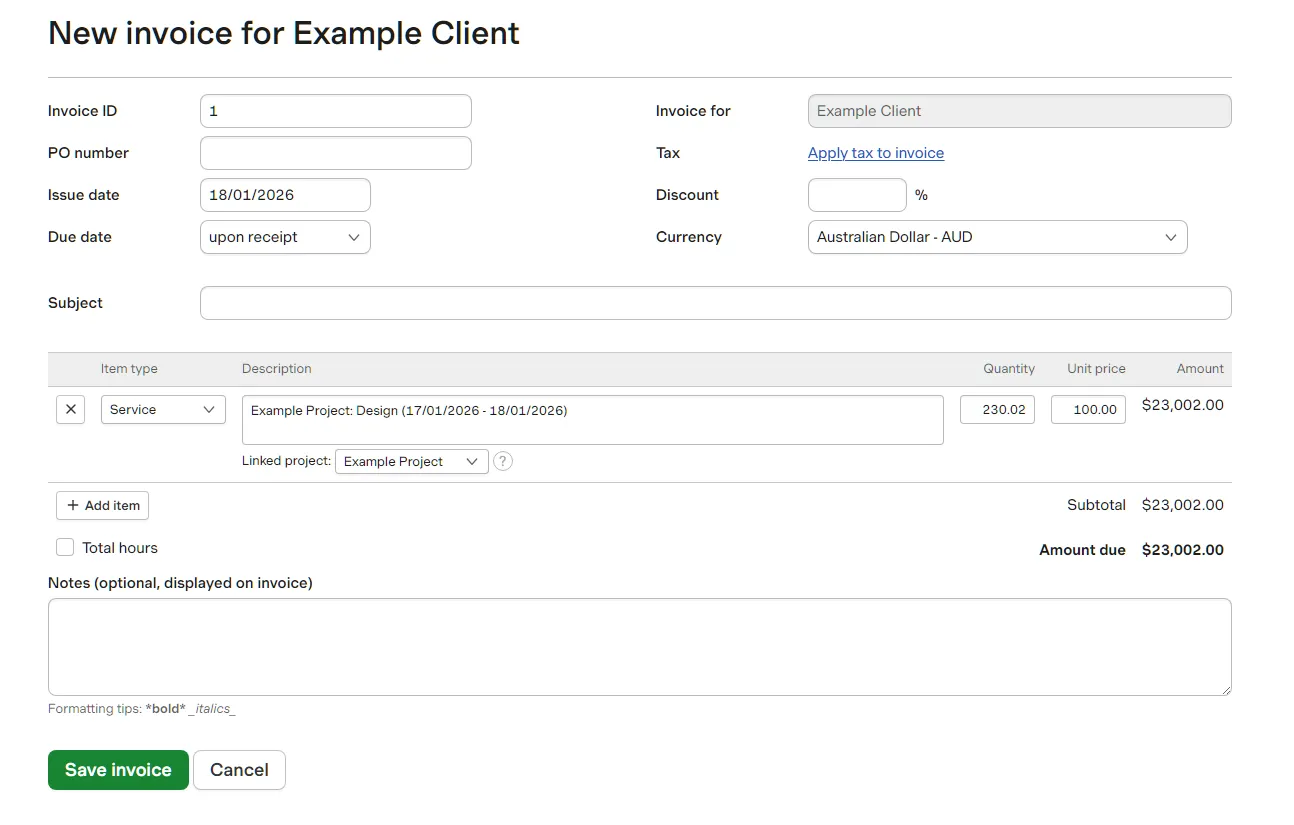 Harvest invoice generation page, showing available input fields