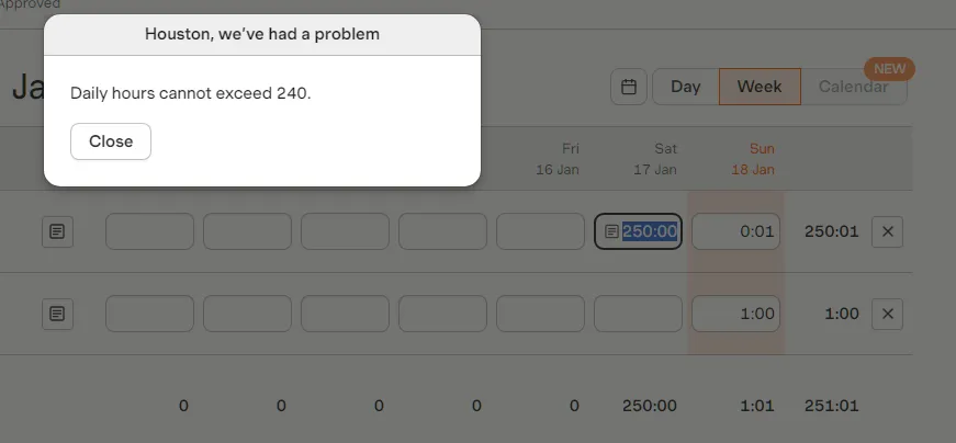 Harvest Time page showing validation allowing for up to 240 hours to be billed per day
