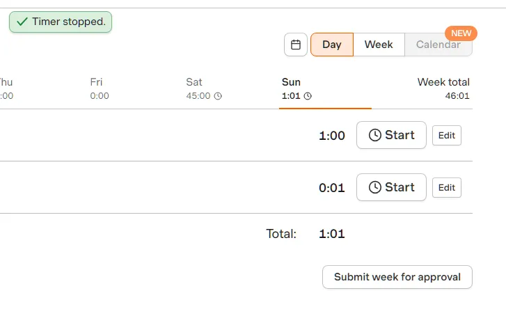 Harvest Time page showing a stopped timer, daily totals for the week, and a Submit week for approval button
