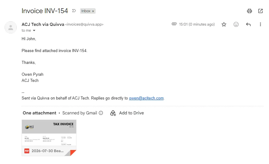 Quivva invoice email, as seen by your clients
