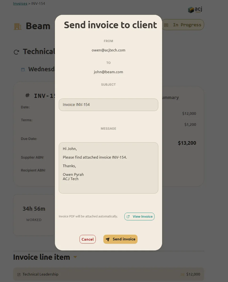 Sending an invoice from Quivva. Or simply download the invoice PDF.