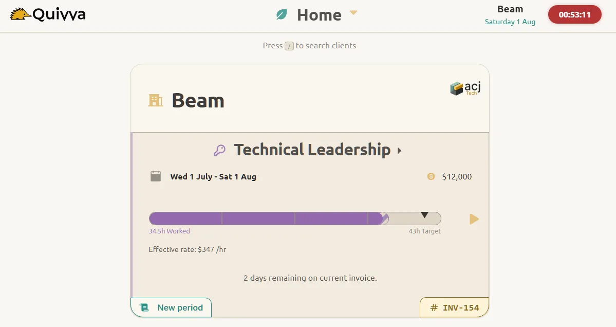 Quivva home page showing an active timer in the header and how this timer is showing active retainer burndown