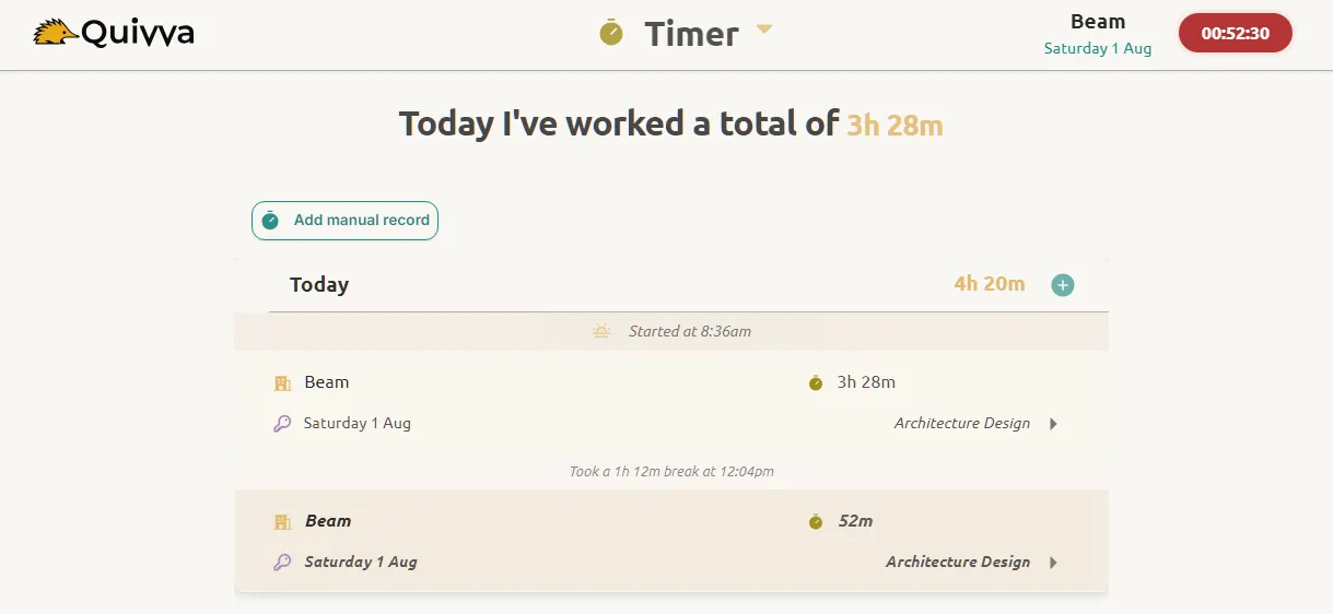 Quivva timer page showing an active timer in the header and time records for today